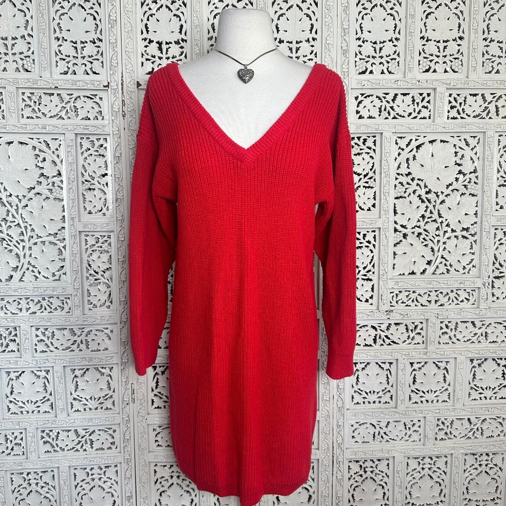 Vintage‎ Plain Jane Red Ribbed V Neck Long Sleeve Sweater Dress Sz Medium